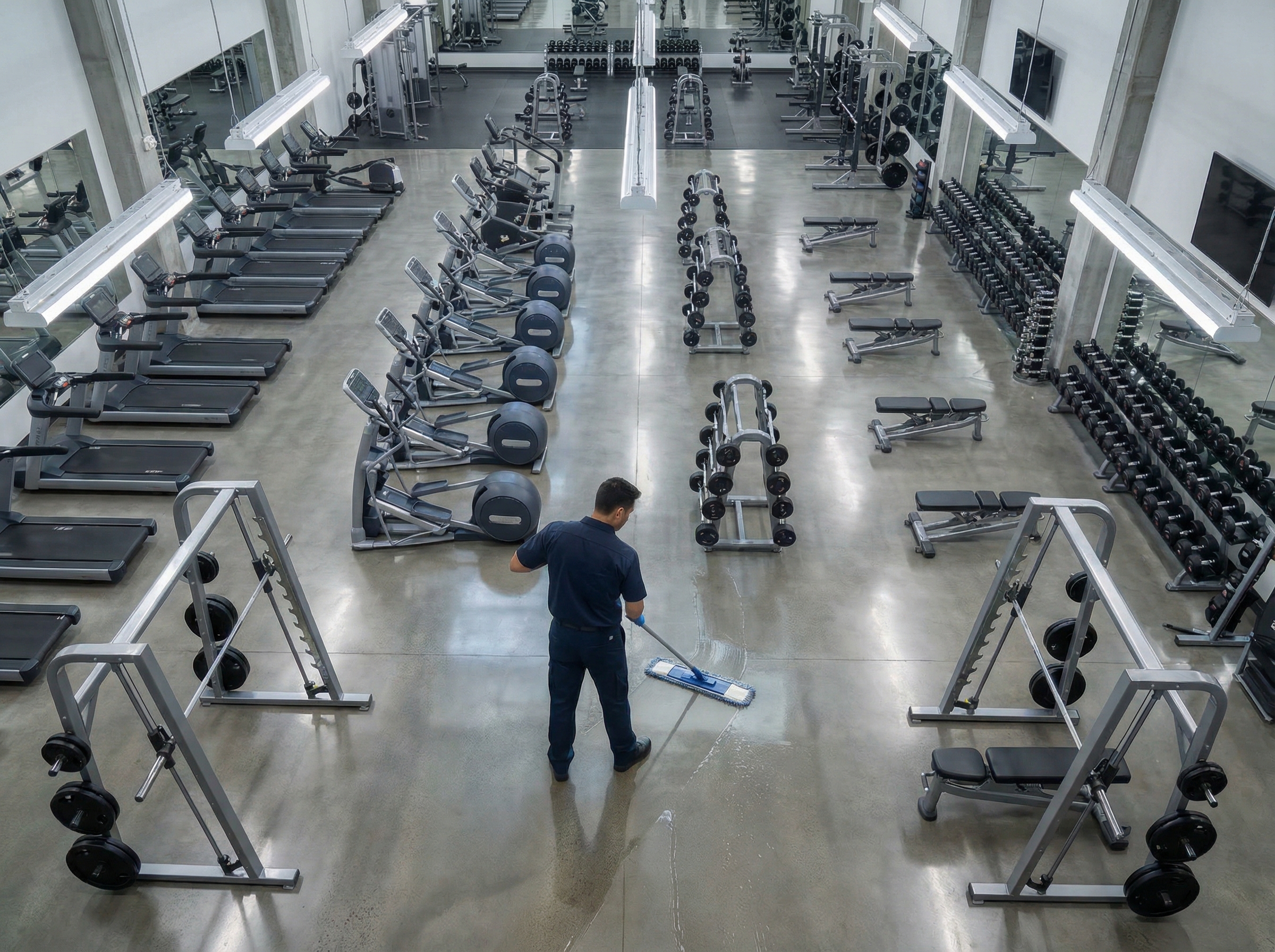 Professional gym cleaning crew mopping a fitness center floor in North Jersey